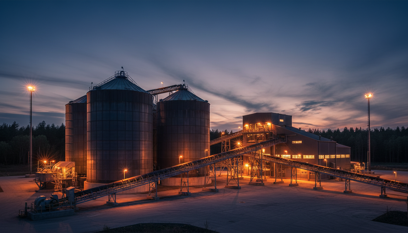 Industrielle Biomasse-Anlage bei Dämmerung